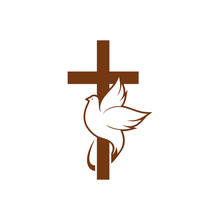 Dove On Peace And Cross Isolated Religion Symbol. Vector Holy Spirit Bird And Crucifix