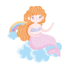 Poster - cute little blonde mermaid rainbows clouds stars cartoon isolated icon design isolated icon design