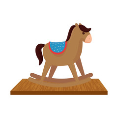 Poster - wooden rocking horse, children toy, on wooden table vector illustration design