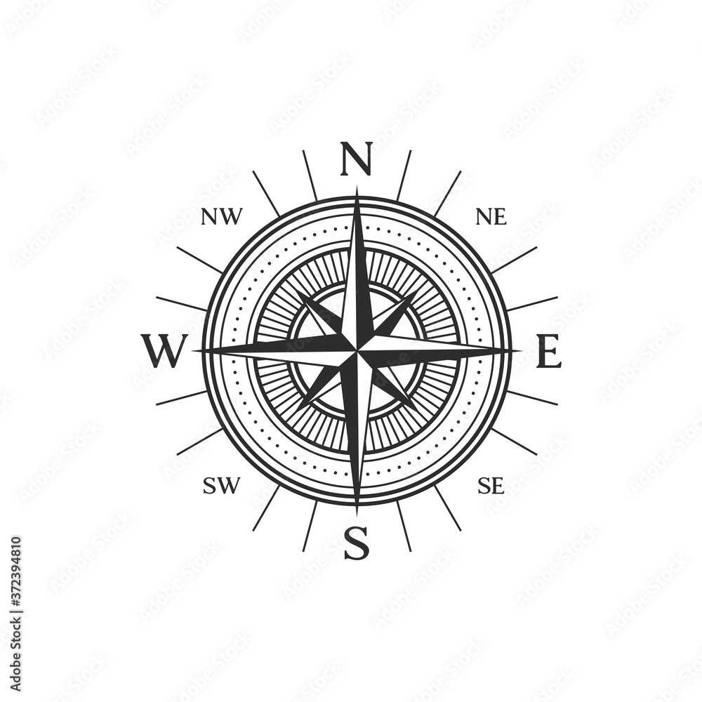 Wind-rose navigation symbol isolated compass sign in black and white ...