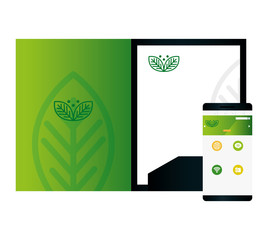 mockup brochure and smartphone with sign of green company, corporate identity vector illustration design