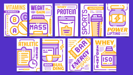 Sticker - Sport Nutrition Advertising Posters Set Vector. Energy Bar And Bcaa, Whey Protein And Isolate, Vitamins And Minerals, Collection Promo Banners. Concept Template Style Color Illustrations