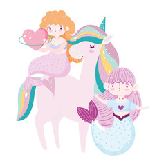 Sticker - unicorn and cute mermaids with heart love adorable cartoon