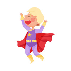 Wall Mural - Little Boy with Blonde Hair Wearing Superhero Costume Waving Hand Vector Illustration