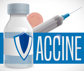 Vaccination Kit: Syringe, Round Plaster and Vaccine Vial with Shield, Vector Illustration