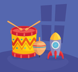 Sticker - kids toys, drum with rocket and spinning toy vector illustration design