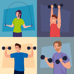 Canvas Print - set scenes of young young people doing exercises, sport recreation exercise vector illustration design