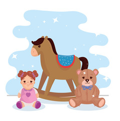 Canvas Print - kids toys, wooden rocking horse with teddy bear and cute doll vector illustration design