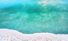 Shore Of Dead Sea In Ein Bokek, Israel, White Salt Crystals Outside And At The Bottom, Turquoise Clear Water