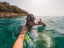 Young Pretty Smiling Woman Taking Selfie In Snorkeling Mask