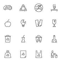 Wall Mural - Waste material line icons set, rubbish outline vector symbol collection, linear style pictogram pack. Signs, logo illustration. Set includes icons as organic waste, garbage, litter, glass, plastic bag