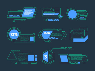 Sticker - Hud callouts. Future technology frames tech bars boxes vector digital callouts collection. Futuristic infographic, digital technology hologram illustration