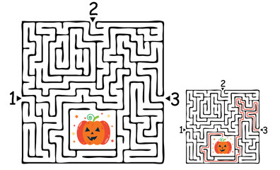 Wall Mural - Square halloween maze labyrinth game for kids. Labyrinth logic conundrum. Three entrance and one right way to go. Vector flat illustration isolated on white background.