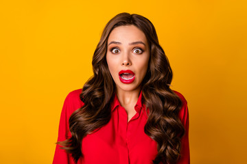 Poster - Closeup photo of pretty wavy lady crazy facial expression open mouth listen terrible bad news eyes full fear wear red office shirt isolated bright yellow color background