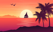 Tropical Landscape With Ocean And Sunset Design