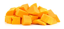 A Group Of Cut And Slice Butternut Squash Chunks On A White Background.