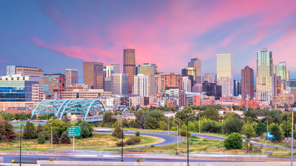 Sticker - Panorama of Denver skyline at twilight.