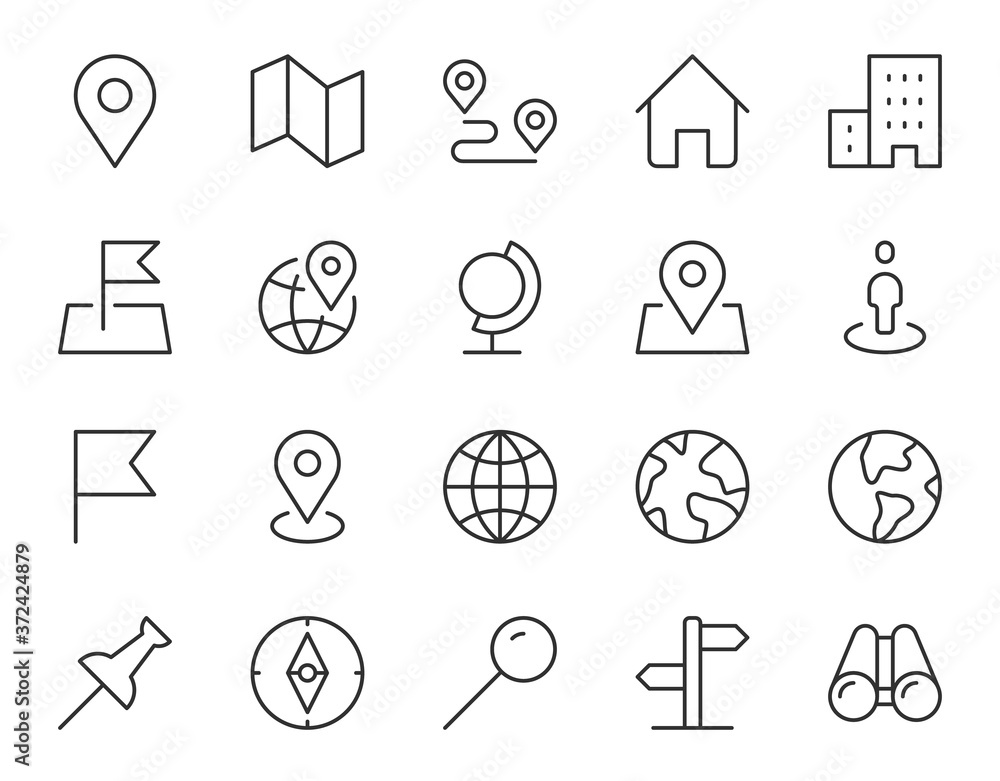 Location line icon. Minimal vector illustration with simple thin outline icons as map, pin, travel, gps, marker, globe, earth, destination and other business pictogram. Editable Stroke - obrazy, fototapety, plakaty 