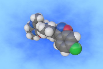 Molecular model of risperidone. Atoms are represented as spheres with color coding: carbon (grey), oxygen (red), nitrogen (blue), hydrogen (white), fluorine (green). 3d illustration