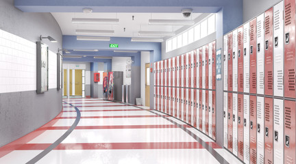 Long school corridor with red lockers , 3d illustration