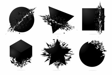 Abstract explosion shapes set with black particles. Bang futuristic design elements collection. Design templates.