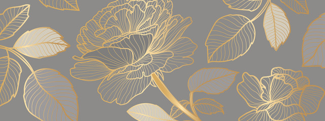 luxury Wallpaper design with golden rose flower and leaves. Background design for print, cover, invitation, greeting cards, brochure vector illustration.