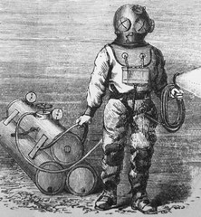 Vintage diver in suit in the old book Encyclopedia by I.E. Andrievsky, vol. 6A, S. Petersburg, 1892