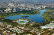 Aerial view of Albert Park Lake and the Lakeside stadium in South Melbourne Australia