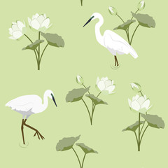  Seamless vector illustration with heron and lotuses