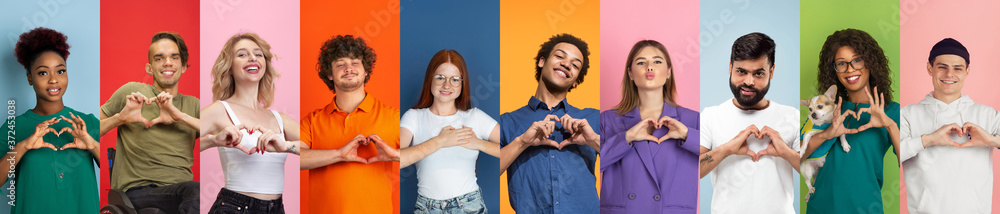Collage of portraits of 10 young emotional people on multicolored background. Concept of human emotions, facial expression, sales, love, charity. Smiling, gesturing, heart sign with hands, kind. - obrazy, fototapety, plakaty 