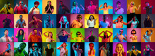 Collage Of Portraits Of 30 Young Emotional People On Multicolored Background In Neon. Concept Of Human Emotions, Facial Expression, Sales, Ad. Listening To Music, Dancing, Shocked, Laughting.