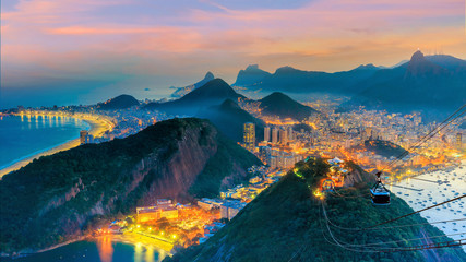 Fototapete - Night view of Copacabana beach, Urca and Botafogo in Rio de Janeiro