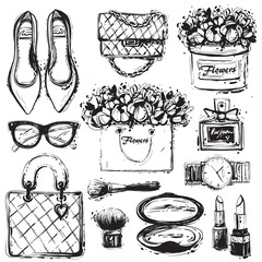 Wall Mural - Fashion makeup accessories. Coloring book elements, hand drawn black and white: graphic shoes, bag, makeup brush, lipstick, powder, wrist watch, perfume, flower box, eye glasses, flowers.