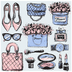 Wall Mural - Big vector fashion sketch set in soft pink and blue colors. Hand drawn graphic shoes, bag, makeup brush, lipstick, powder, wrist watch, perfume, flower box, eye glasses, flowers.