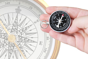 Abstract image with compass in hand on abstract background as symbol of tourism with compass, travel with compass and outdoor activities with compass