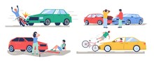 Road Traffic Accident Set, Vector Flat Isolated Illustration. Car Collision With Bike, Motorbike, Pedestrian, Another Car. Auto Accident, Motor Vehicle Crash, Injured Cyclist, Motorcyclist Characters.