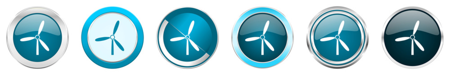 Aufkleber - Windmill silver metallic chrome border icons in 6 options, set of web blue round buttons isolated on white background