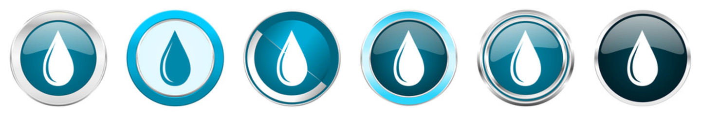 Aufkleber - Water drop silver metallic chrome border icons in 6 options, set of web blue round buttons isolated on white background