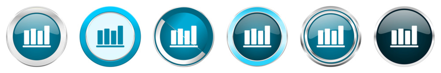Leinwandbilder - Bar chart silver metallic chrome border icons in 6 options, set of web blue round buttons isolated on white background.