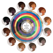 Stock Vector Seasonal Color Analysis Palette For All Types Of Female Appearance. Best Colors For 12 Types. Face Of Young African American Woman