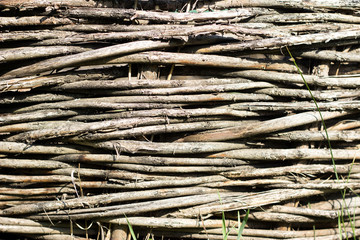 Wall Mural - Fence of willow branches. Old wooden rods woven together in the surface