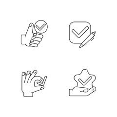 Sticker - Review checkmark linear icons set. Questionnaire evaluation. Tick in checkbox. Star quality. Customizable thin line contour symbols. Isolated vector outline illustrations. Editable stroke