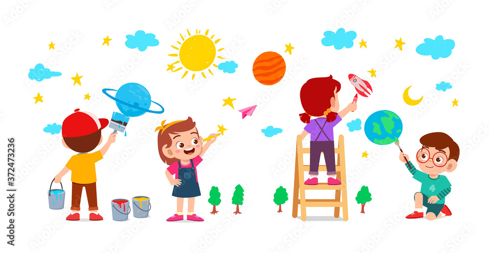 happy cute little kid boy and girl draw with paint on wall together ...