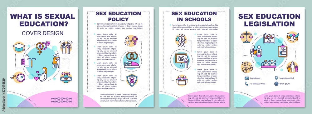 What is sexual education brochure template. Sexuality lessons in school flyer, booklet, leaflet print, cover design with linear icons. Vector layouts for magazines, annual reports, advertising posters - obrazy, fototapety, plakaty 