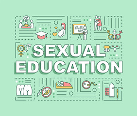 Wall Mural - Sexual education word concepts banner. Instruction and guidance on human sexuality. Infographics with linear icons on green background. Isolated typography. Vector outline RGB color illustration