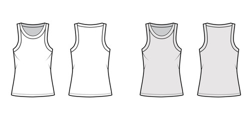 Wall Mural - Cotton-jersey tank technical fashion illustration with relaxed fit, wide scoop neckline, sleeveless. Flat outwear cami apparel template front, back white grey color. Women men unisex shirt top mockup