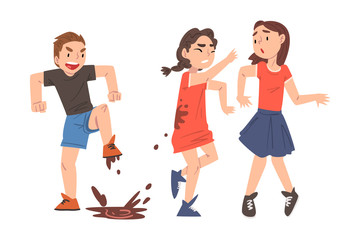 Sticker - Bully Boy Jumping into Puddle and Dirtying Girls with Mud, Mockery and Bullying at School Concept Cartoon Style Vector Illustration