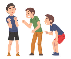 Wall Mural - Sad Boy Bullied by Classmates, Two Boys Mocking, Laughing and Pointing Fingers Him, Mockery and Bullying at School Problem Cartoon Style Vector Illustration