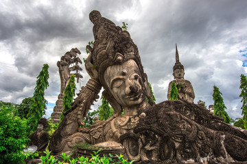 The background of the important religious sites in Nong Khai Province of Thailand (Sala Keo Kou) has Buddha images, statues, sculptures and history for tourists to study while traveling.