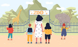 Vector illustration of children at zoo. Group of young people with teacher standing near entrance to zoo and looking on wild animals
